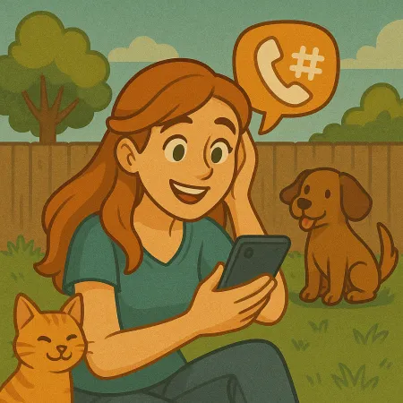A red-haired woman sitting on the grass in a garden, smiling while looking at her smartphone. An orange cat is curled up against her, and a brown dog is sitting nearby. A speech bubble containing a phone icon and a hashtag floats above her, suggesting a phone conversation.
