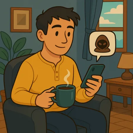 Man sitting comfortably in an armchair, holding a steaming cup of coffee and looking at his smartphone, with a message bubble displaying an anonymous mask or hacker icon, in a cozy living room with a window, lamp, and plant.