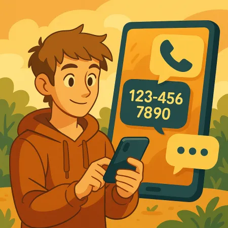Smiling young man in a hoodie using his smartphone, with a large phone screen in the background displaying a call icon and a fictitious phone number (123-456-7890), in a stylized and warm outdoor setting.