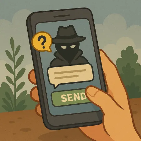 Hand holding a smartphone displaying a masked character in a raincoat and hat, representing an anonymous sender. A speech bubble with a question mark is visible, along with a green button marked 'SEND', suggesting sending an anonymous message.