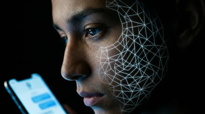 A hand holding a smartphone displaying a padlock icon on a messaging interface, surrounded by a network of glowing digital connections on a black background, illustrating mobile data security.