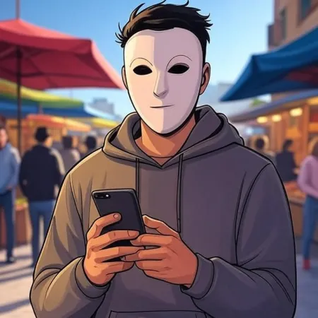 A young animated-style man wearing a white mask and a grey hoodie, looking at his phone in an outdoor market.
