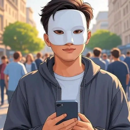 A young animated-style man wearing a white mask and a grey hoodie looks at the camera while holding a smartphone in a crowded street.