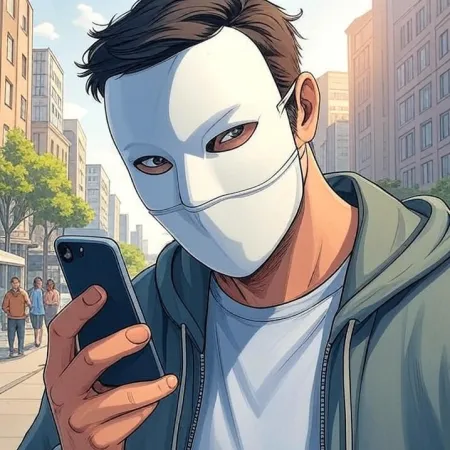 A man wearing a white mask and a hoodie is looking at his mobile phone in a city street. The image is created in a cartoon or comic style.