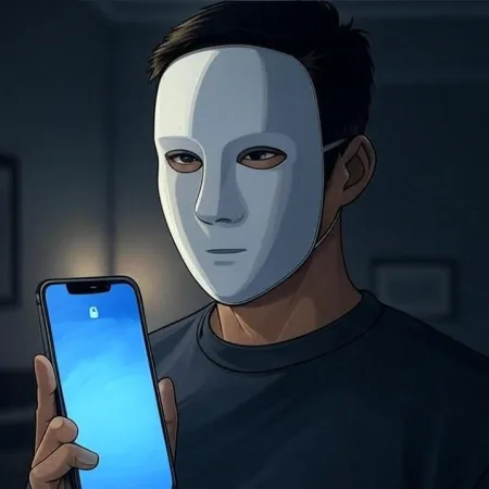 Person wearing a white mask holding a smartphone with an unlocked screen.