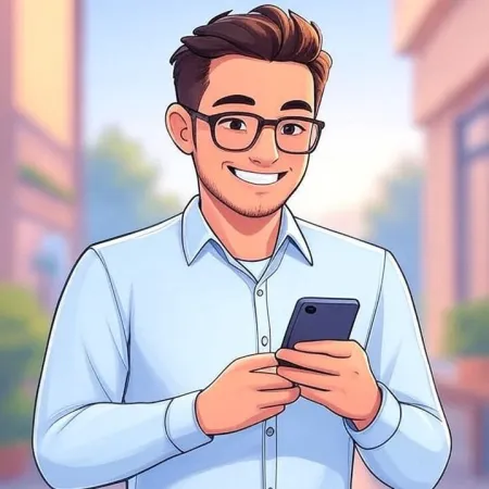 Smiling young man with glasses and a blue shirt, looking at his smartphone.
