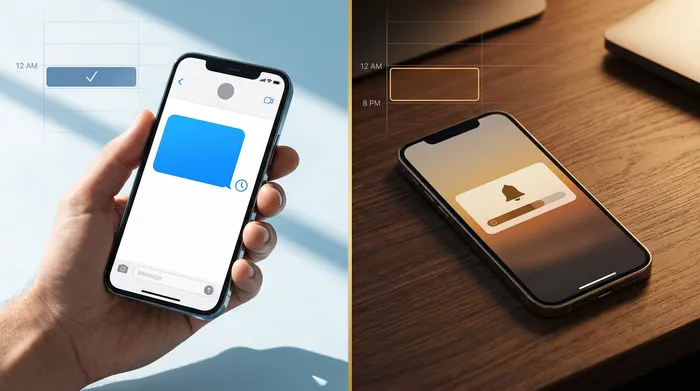 A smartphone displaying a messaging app on a light wood hairdressing salon counter, accompanied by professional scissors and beauty products in the background.