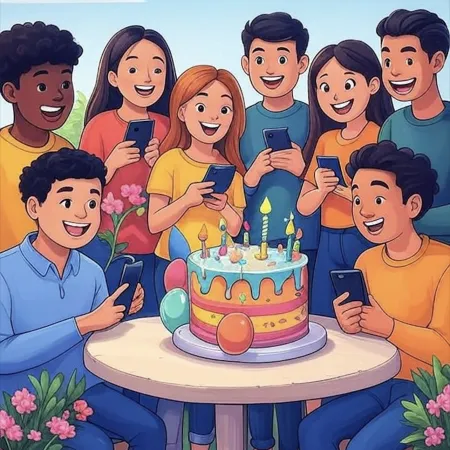 A group of young smiling people surrounding a colorful birthday cake with candles, balloons, and decorations, all holding their phones.