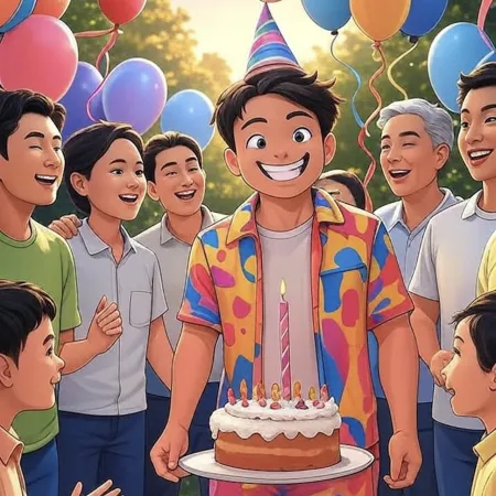 Smiling boy with a party hat holding a single candle cake, surrounded by guests and colorful balloons outdoors.