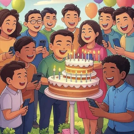 A group of smiling people surrounding a large two-tiered cake with several lit candles, while taking photos with their phones.