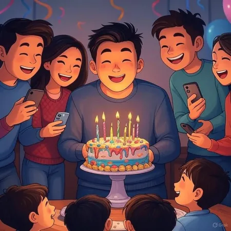 Illustration of a birthday where a smiling man holds a cake decorated with lit candles, surrounded by friends and loved ones taking photos with their phones.