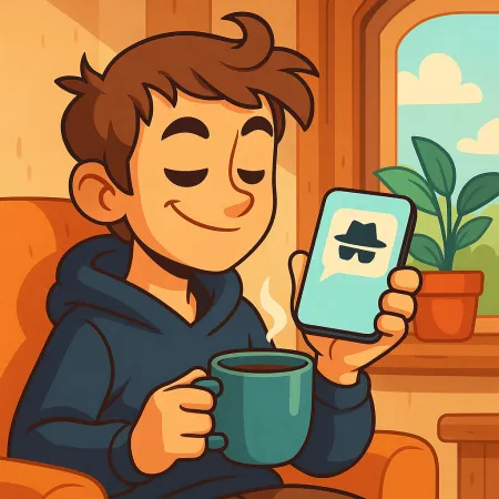 Illustration of a young man smiling, comfortably seated with a cup of coffee, holding a smartphone displaying an anonymous message icon with a hat and black glasses.
