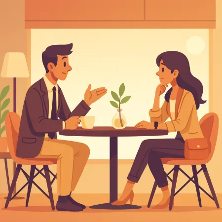 Illustration of two people talking face-to-face in a café, a man in a suit and a woman in smart casual attire, sitting at a table with a small plant in the center.