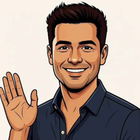 Cartoon-style illustration of a smiling brown-haired man wearing a navy blue shirt and raising his right hand to wave.