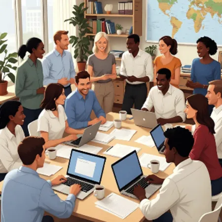 Illustration of a large, diverse group of smiling colleagues gathered around a conference table with laptops, in a collaborative and joyful work atmosphere.